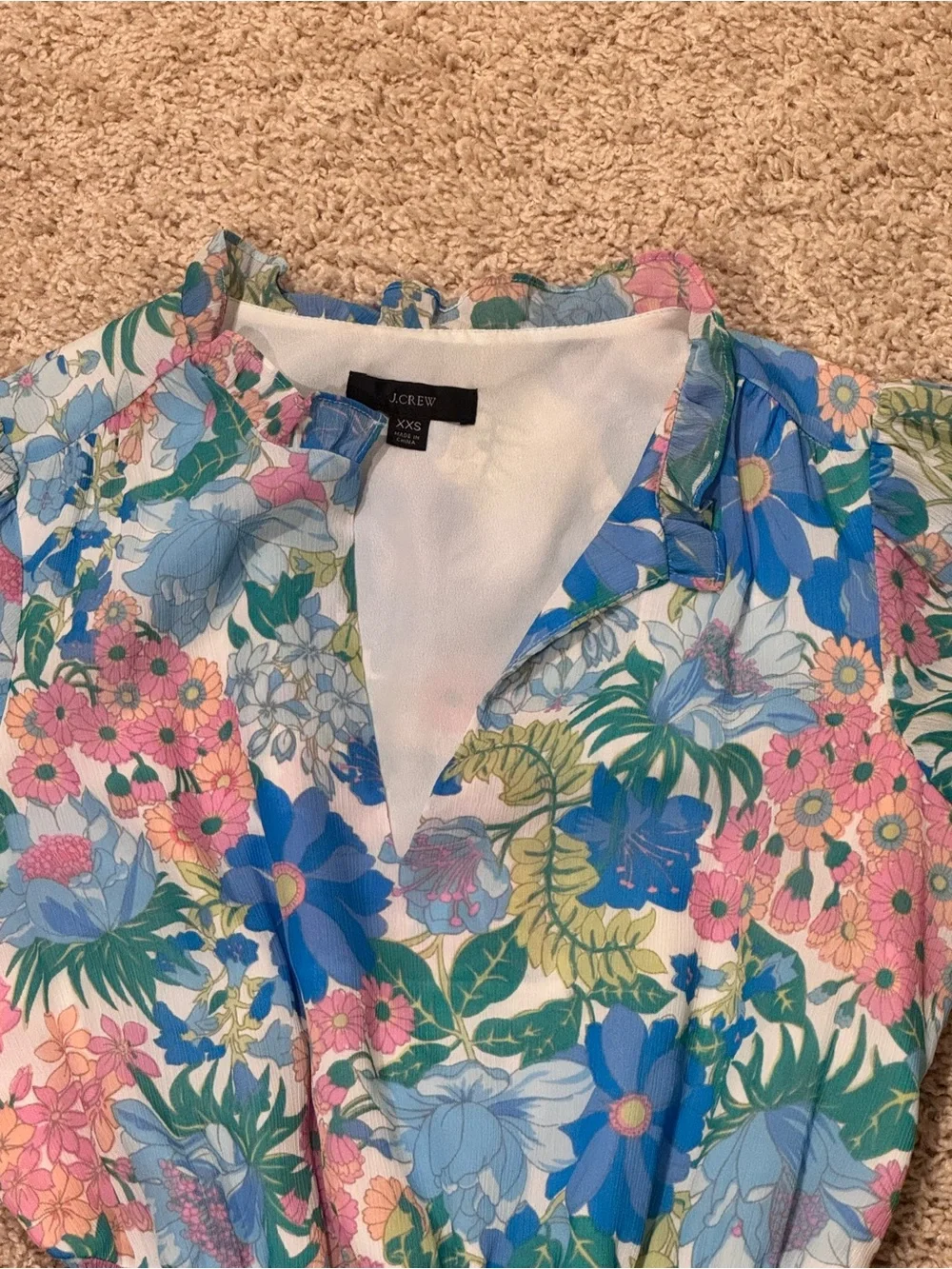 J. Crew Floral Smocked Cinched Waist Chiffon Midi Dress in Blue & Pink- NWOT-XXS